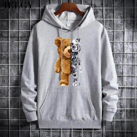 Trendy New Famous Robo Bear Printed Kangaroo Hoodie In grey Pocket Drawstring Pullovers Clothing Long Sleeves Export Quality Winter Wear