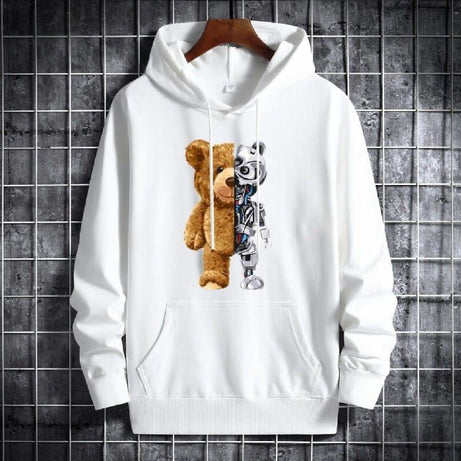 Trendy New Famous Robo Bear Printed Kangaroo Hoodie In White Pocket Drawstring Pullovers Clothing Long Sleeves Export Quality Winter Wear