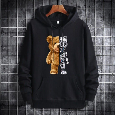 Trendy New Famous Robo Bear Printed Kangaroo Hoodie In Black Pocket Drawstring Pullovers Clothing Long Sleeves Export Quality Winter Wear