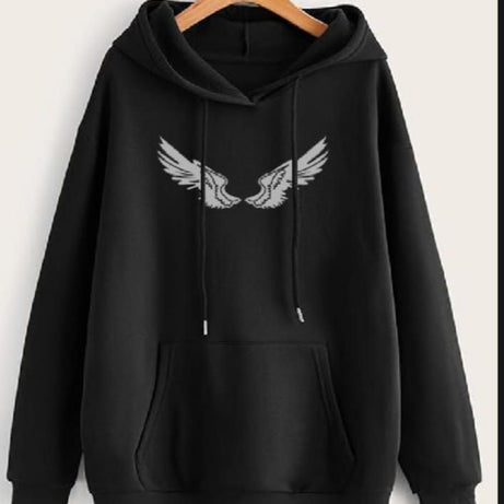 Trendy New Famous WINGS Printed Kangaroo Hoodie In Black Pocket Drawstring Pullovers Clothing Long Sleeves Export Quality Winter Wear