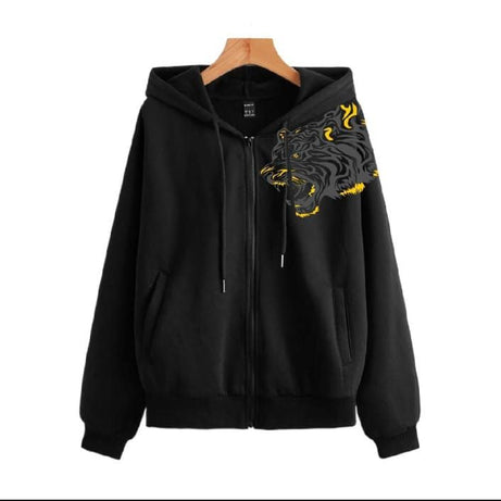 Trendy New Famous TIGER Printed Kangaroo Zipper Hoodie In Black Pocket Drawstring Pullovers Clothing Long Sleeves Export Quality Winter Wear