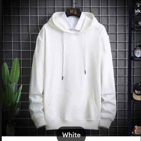 Trendy Plain huddie In White Pocket Drawstring Pullovers Clothing Long Sleeves Export Quality Winter Wear For Men And Boys