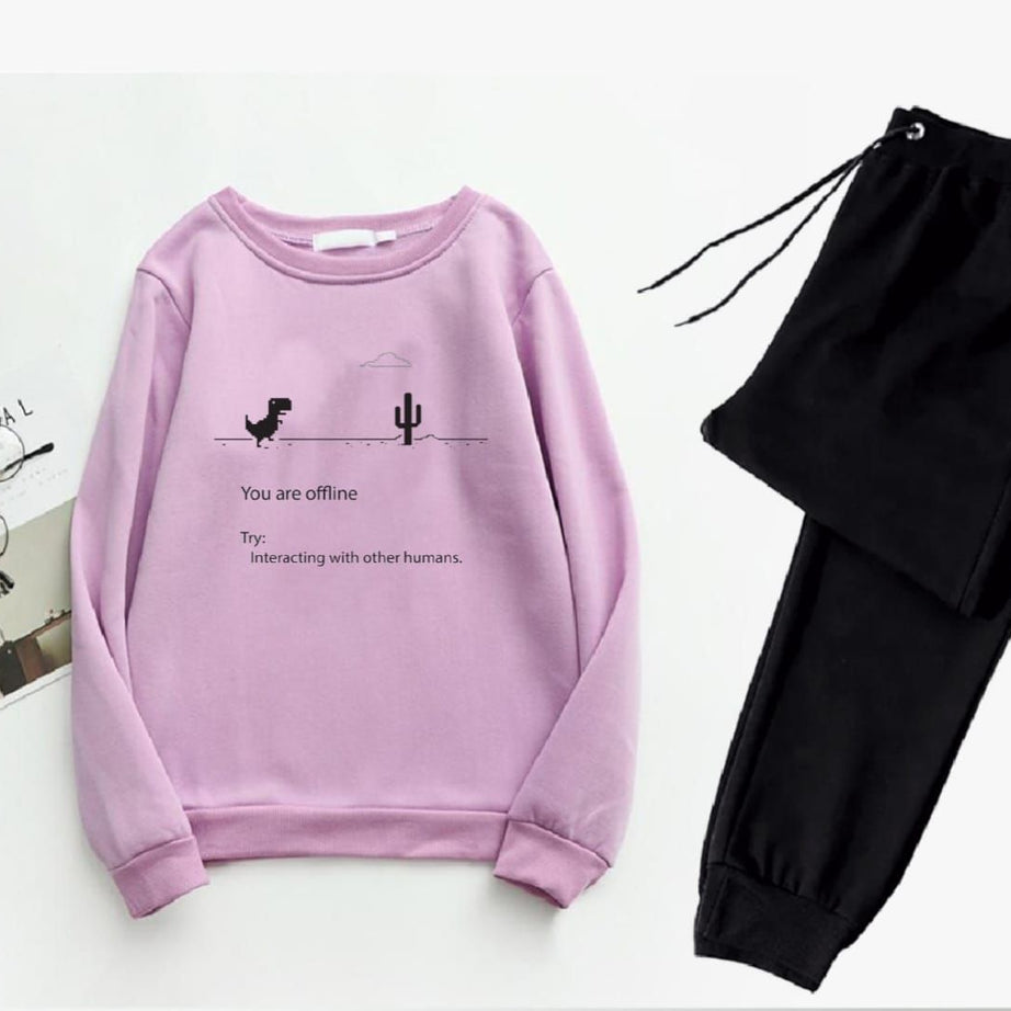Trendy Tracksuit YOU ARE OFLINE Print Thick & Fleece Fabric Rib Sweatshirt with trouser butterflies for Winter for Trendy sweatshirt for Women / Girls - Oshi.pk - Buy & Sell Online