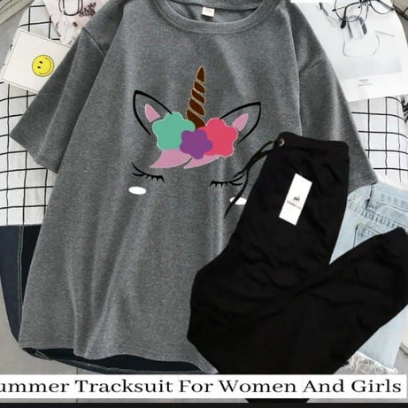Unicorn Design Summer Tracksuit For Women & Girls Half Sleeve Dark Grey T-shirt & Black Trouser - Oshi.pk - Buy & Sell Online