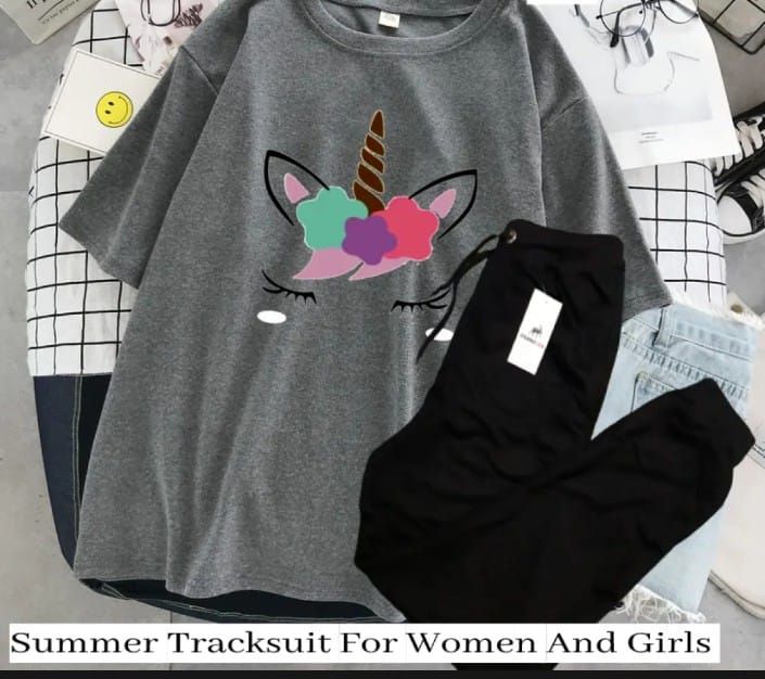 Unicorn Design Summer Tracksuit For Women & Girls Half Sleeve Dark Grey T-shirt & Black Trouser - Oshi.pk - Buy & Sell Online