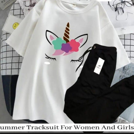 Unicorn Design Summer Tracksuit For Women & Girls Half Sleeve WHITE T-shirt & Black Trouser - Oshi.pk - Buy & Sell Online