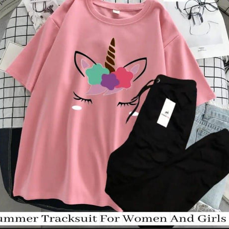 Unicorn Design Summer Tracksuit For Women & Girls Half Sleeve Pink T-shirt & Black Trouser - Oshi.pk - Buy & Sell Online