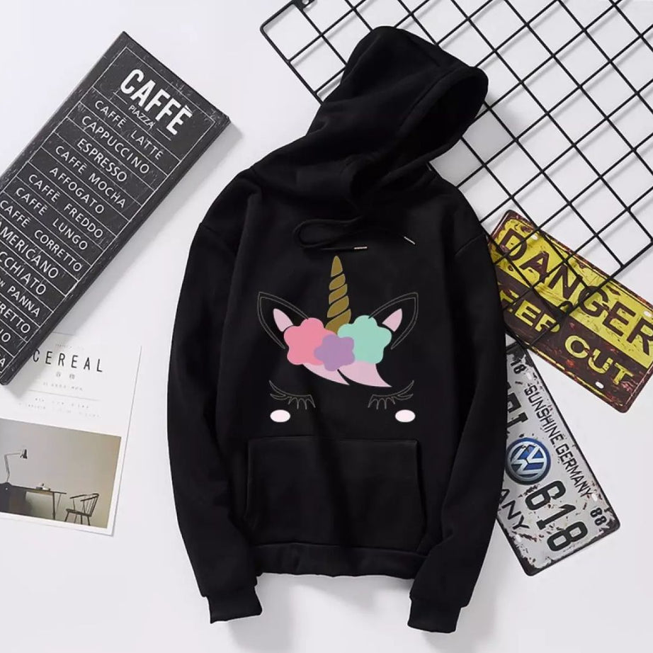 Unicorn Print Winter Fleece Pullover Black Hoodie For Girls Women And Ladies - Oshi.pk - Buy & Sell Online