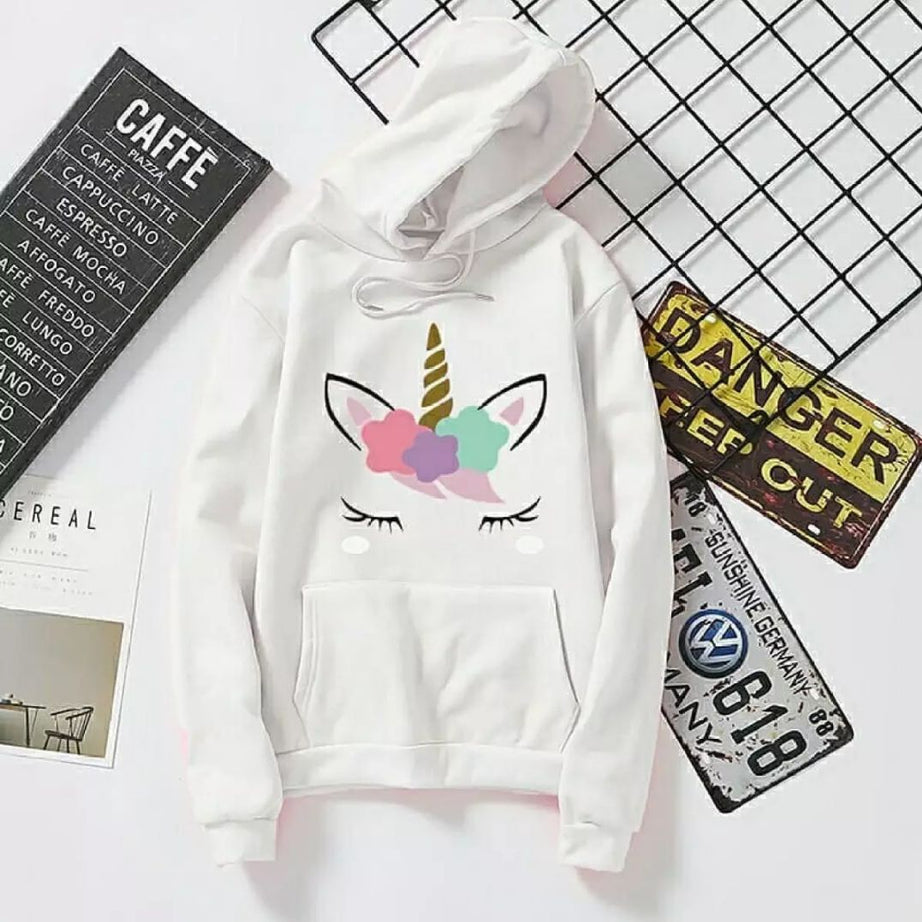 Unicorn Print Winter Fleece Pullover White Hoodie For Girls Women And Ladies - Oshi.pk - Buy & Sell Online