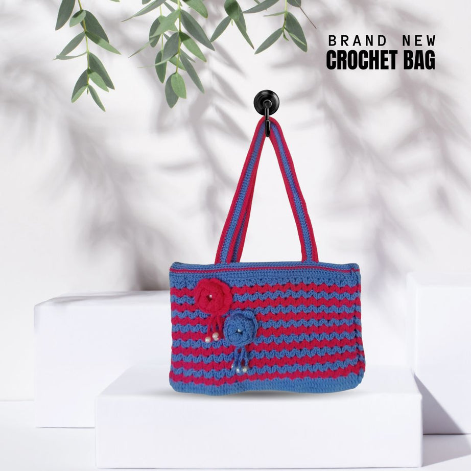 Unique Handmade Crochet Bags: Line Patterns in Pink and Feroze : Elegant Handmade Crochet Bags for Women : Eye-Catching Crochet Bags for Girls. - Oshi.pk - Buy & Sell Online