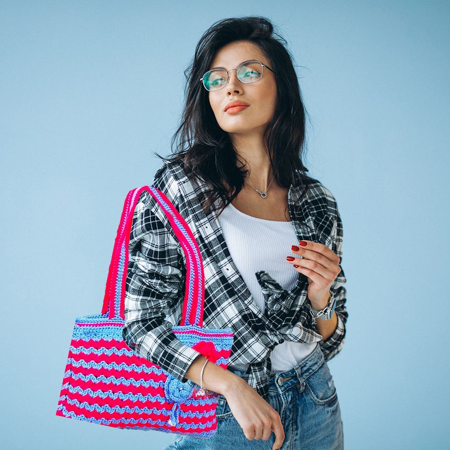 Unique Handmade Crochet Bags: Line Patterns in Pink and Feroze : Elegant Handmade Crochet Bags for Women : Eye-Catching Crochet Bags for Girls. - Oshi.pk - Buy & Sell Online