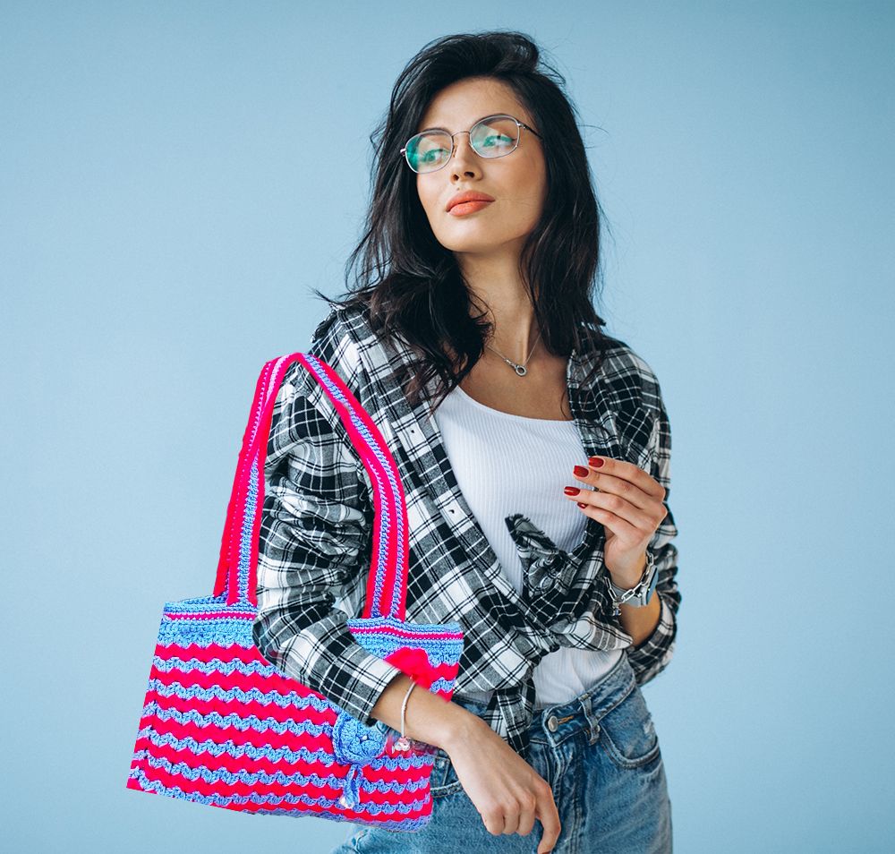 Unique Handmade Crochet Bags: Line Patterns in Pink and Feroze : Elegant Handmade Crochet Bags for Women : Eye-Catching Crochet Bags for Girls. - Oshi.pk - Buy & Sell Online