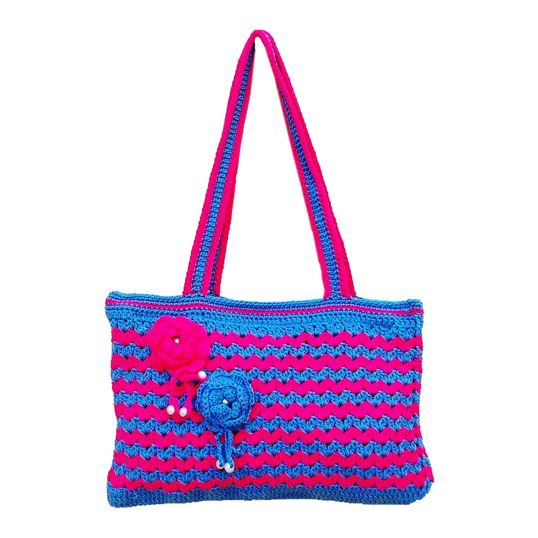 Unique Handmade Crochet Bags: Line Patterns in Pink and Feroze : Elegant Handmade Crochet Bags for Women : Eye-Catching Crochet Bags for Girls. - Oshi.pk - Buy & Sell Online