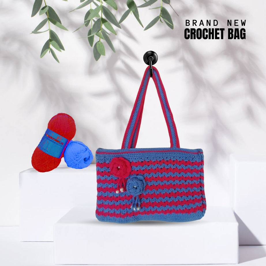 Unique Handmade Crochet Bags: Line Patterns in Pink and Feroze : Elegant Handmade Crochet Bags for Women : Eye-Catching Crochet Bags for Girls. - Oshi.pk - Buy & Sell Online