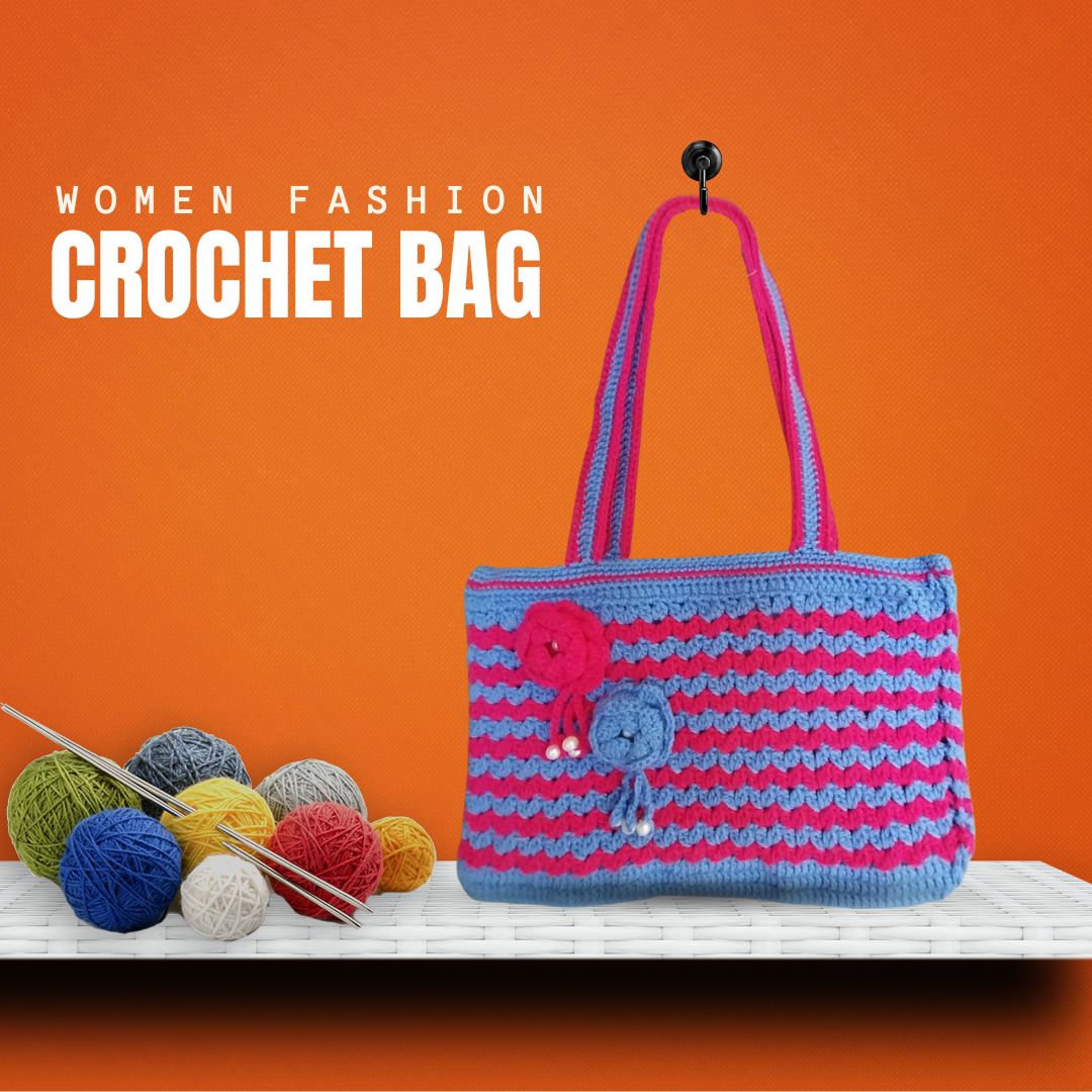 Unique Handmade Crochet Bags: Line Patterns in Pink and Feroze : Elegant Handmade Crochet Bags for Women : Eye-Catching Crochet Bags for Girls. - Oshi.pk - Buy & Sell Online