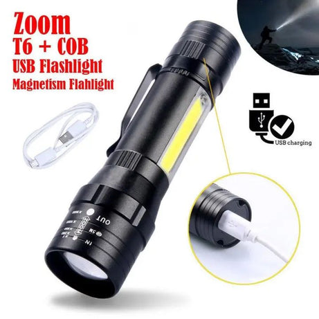 USB Rechargeable Waterproof Zoomable LED Flashlight Torch Tial Clip - Flashlight Rechargeable Telescopic Zoom Torch Mini LED Light & Cable - Oshi.pk - Buy & Sell Online