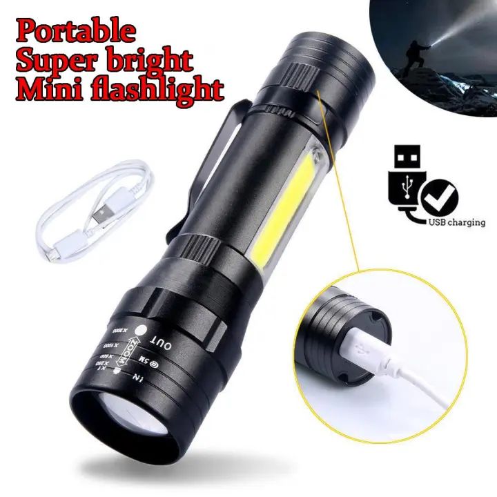 USB Rechargeable Waterproof Zoomable LED Flashlight Torch Tial Clip - Flashlight Rechargeable Telescopic Zoom Torch Mini LED Light & Cable - Oshi.pk - Buy & Sell Online