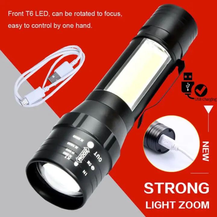 USB Rechargeable Waterproof Zoomable LED Flashlight Torch Tial Clip - Flashlight Rechargeable Telescopic Zoom Torch Mini LED Light & Cable - Oshi.pk - Buy & Sell Online