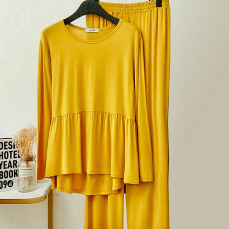Yellow V Neck Frill Style pajama Full Sleeves Night Suit for her - Oshi.pk - Buy & Sell Online