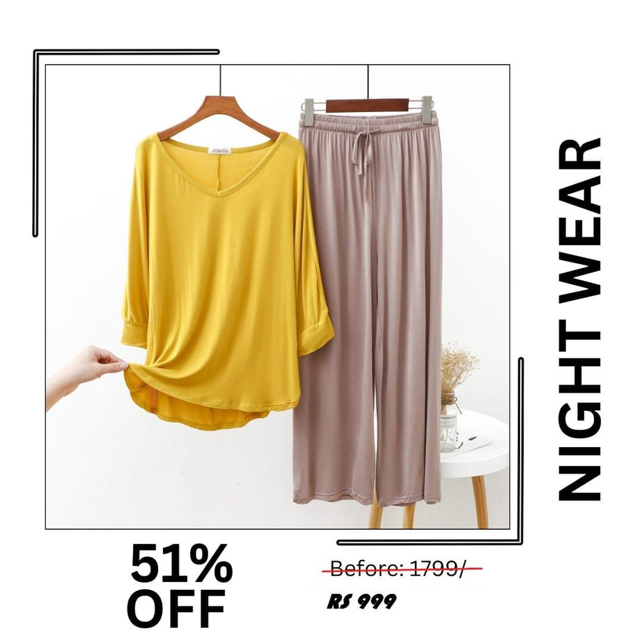 Plain Yellow V Neck with Skin Palazzo Style Pajama Full Sleeves night suit for her