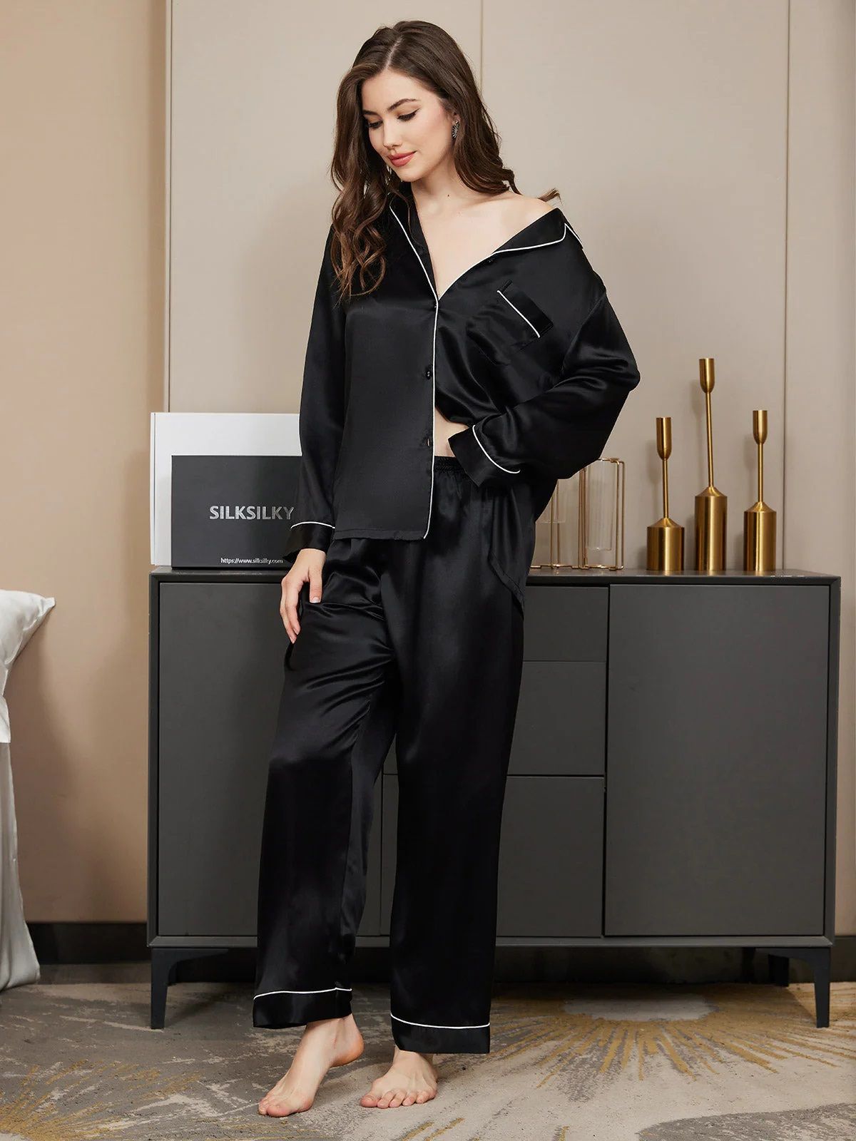 Valerie By Arj Contrast Pipping Satin Silk Pajama Set (Studio By Arj) - Oshi.pk - Buy & Sell Online