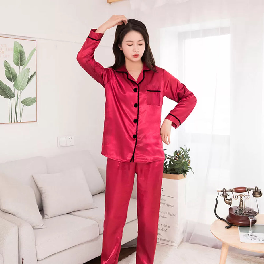 Valerie Nightwear (Lori Scott) Satin Long Sleeve Button Top and Trouser Pajama Set, Casual Soft Breathable Sleepwear-copy-copy-copy