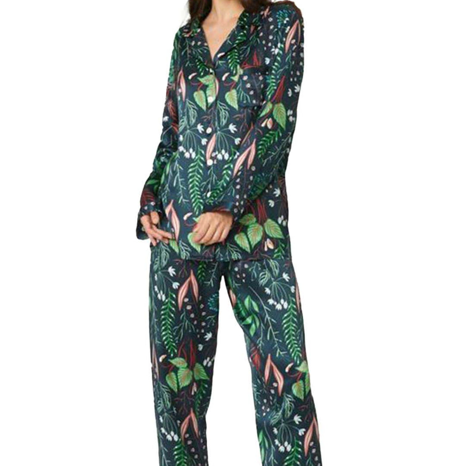 Valerie Plant Print Long Silk Pajamas Set For Women With Red Flower With Blue - Oshi.pk - Buy & Sell Online