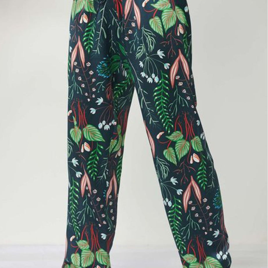 Valerie Plant Print Long Silk Pajamas Set For Women With Red Flower With Blue - Oshi.pk - Buy & Sell Online