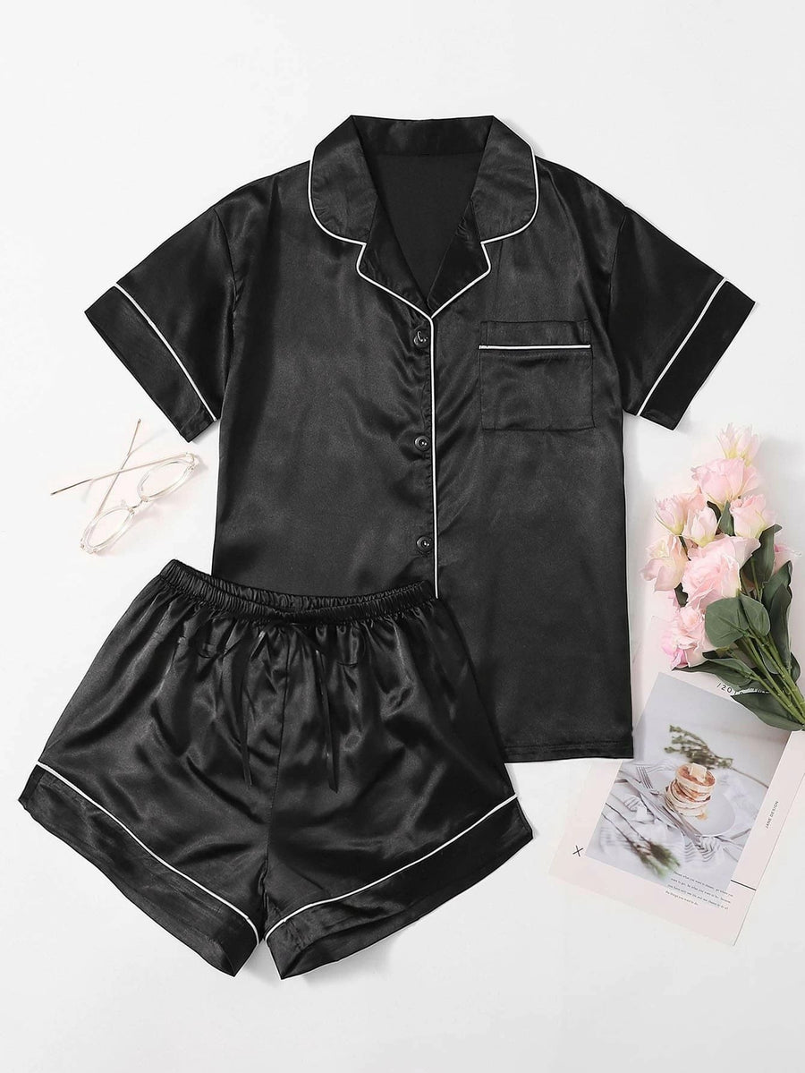 Valerie Women’s Contrast Pipping Satin Short PJ Set /Nightdress Silky/ Night Suit For Women’s - Oshi.pk - Buy & Sell Online