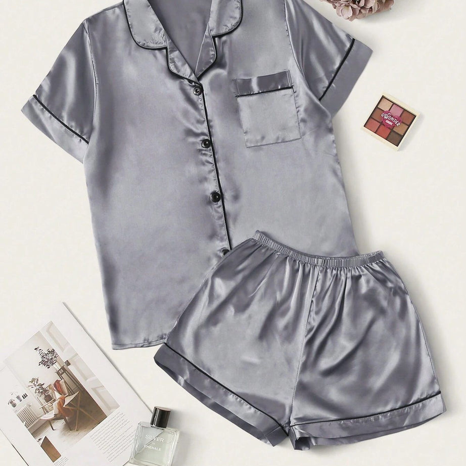 Valerie Women’s Contrast Pipping Satin Short PJ Set /Nightdress Silky/ Night Suit For Women’s - Oshi.pk - Buy & Sell Online