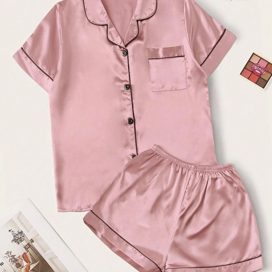 Valerie Women’s Contrast Pipping Satin Short PJ Set /Nightdress Silky/ Night Suit For Women’s - Oshi.pk - Buy & Sell Online