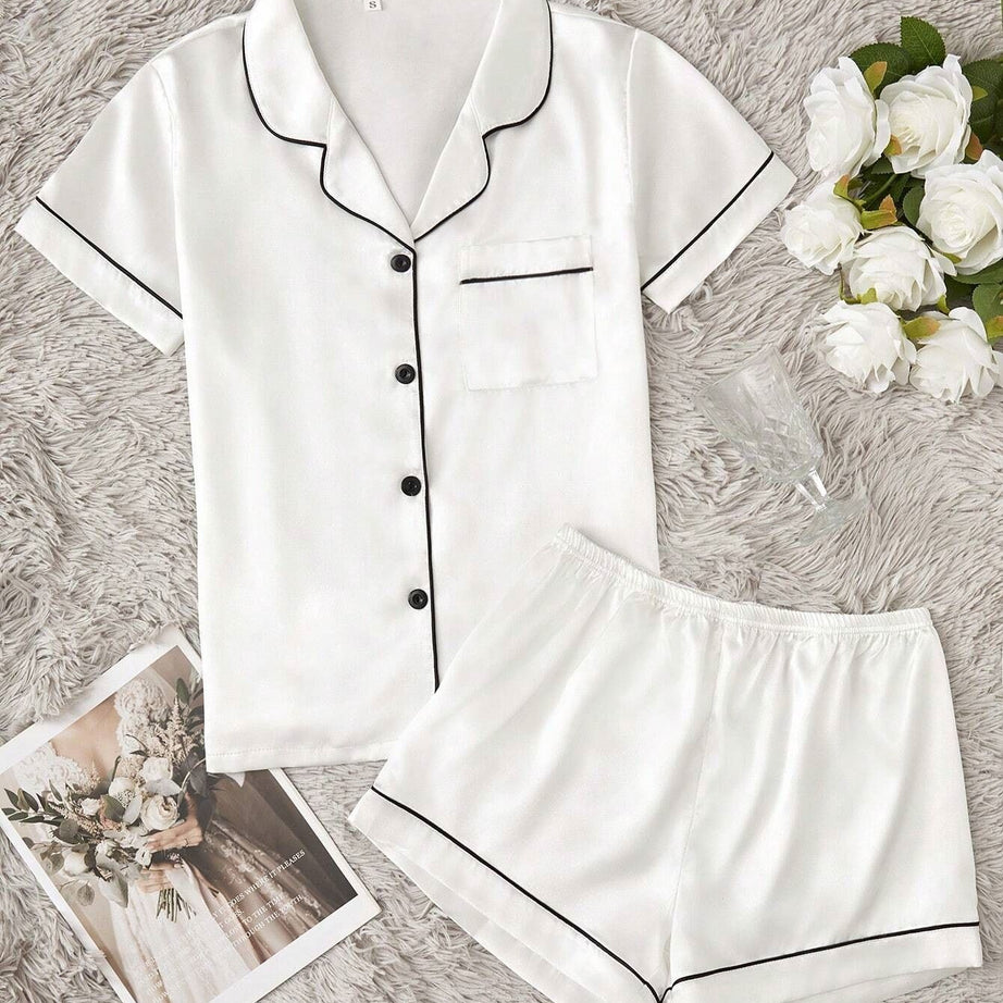 Valerie Women’s Contrast Pipping Satin Short PJ Set /Nightdress Silky/ Night Suit For Women’s - Oshi.pk - Buy & Sell Online