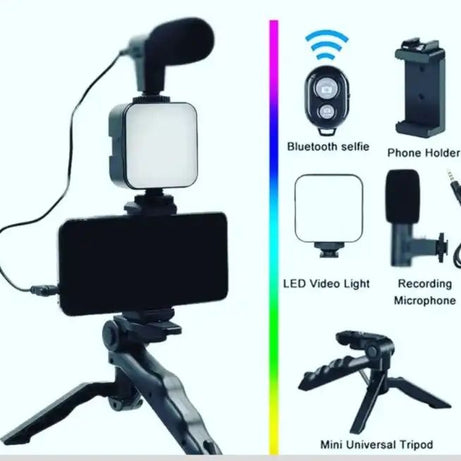 Vlogging Kit, Video Making kit, with tripod stand, Microphone, Led Light, Mobile Holder ALL IN ONE - Oshi.pk - Buy & Sell Online