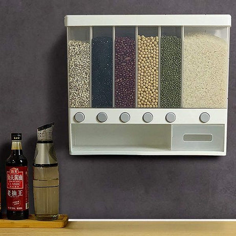 Wall Mounted Grain Dispenser 6 in 1 Kitchen Split Dry Food Container Storage - Oshi.pk - Buy & Sell Online