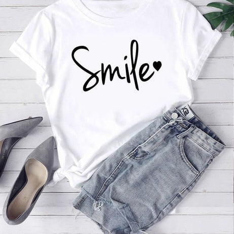 White T Shirt For Girls new and stylish design smile Print Summer Wear Round Neck Half Sleeves Shirt - Oshi.pk - Buy & Sell Online