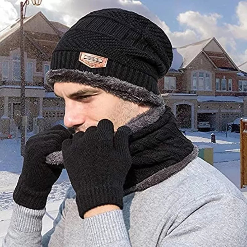 Winter Beanie Cap Scarf Set Warm Knit Cap Thick Fleece Lined Winter Hat & Scarf for Men Women - Oshi.pk - Buy & Sell Online