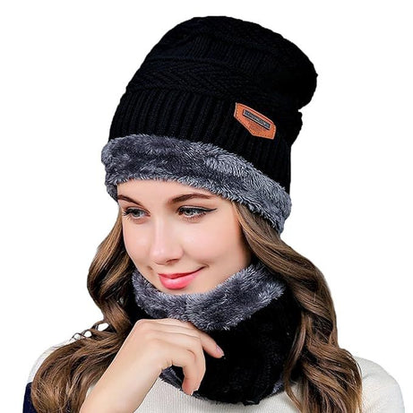 Winter Beanie Hats Scarf Set Warm Knit Hat Thick Fleece Lined Slouchy Cap Neck Warmer for Men Women - Oshi.pk - Buy & Sell Online