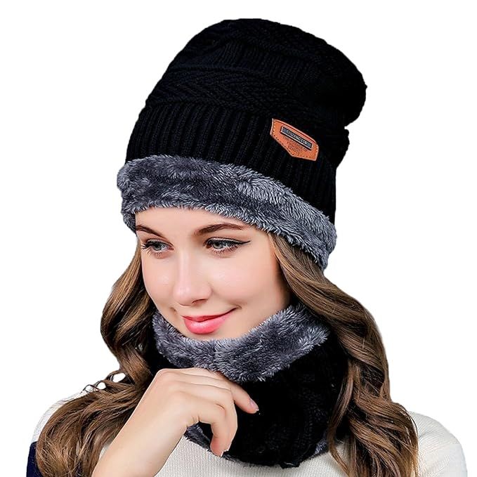Winter Beanie Hats Scarf Set Warm Knit Hat Thick Fleece Lined Slouchy Cap Neck Warmer for Men Women - Oshi.pk - Buy & Sell Online