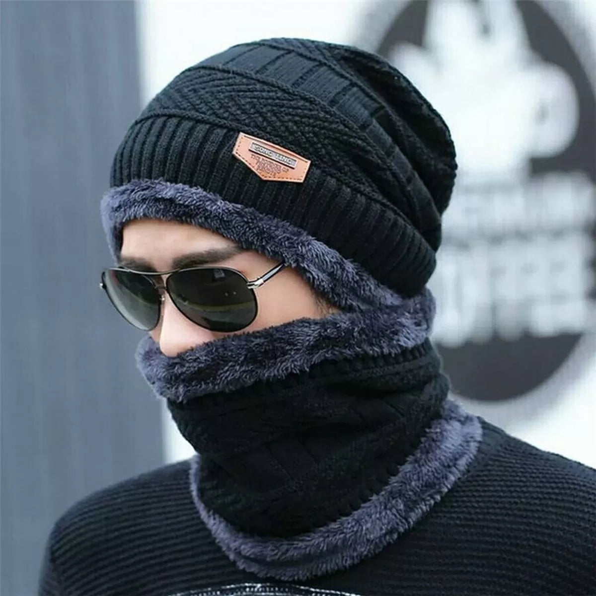 Winter Beanie Hats Scarf Set Warm Knit Hat Thick Fleece Lined Slouchy Cap Neck Warmer for Men Women - Oshi.pk - Buy & Sell Online