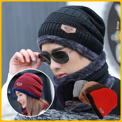 Winter Beanie Scarf Set Warm Knitted Hat Thick Fleece Lining Winter Hat Neck Warm Clothing for Men & Women - Oshi.pk - Buy & Sell Online