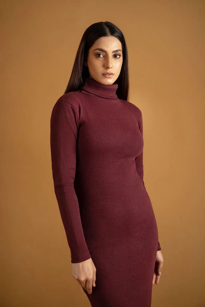 Wintsfield Highneck Bodycon Dress (Maroon) - Oshi.pk - Buy & Sell Online