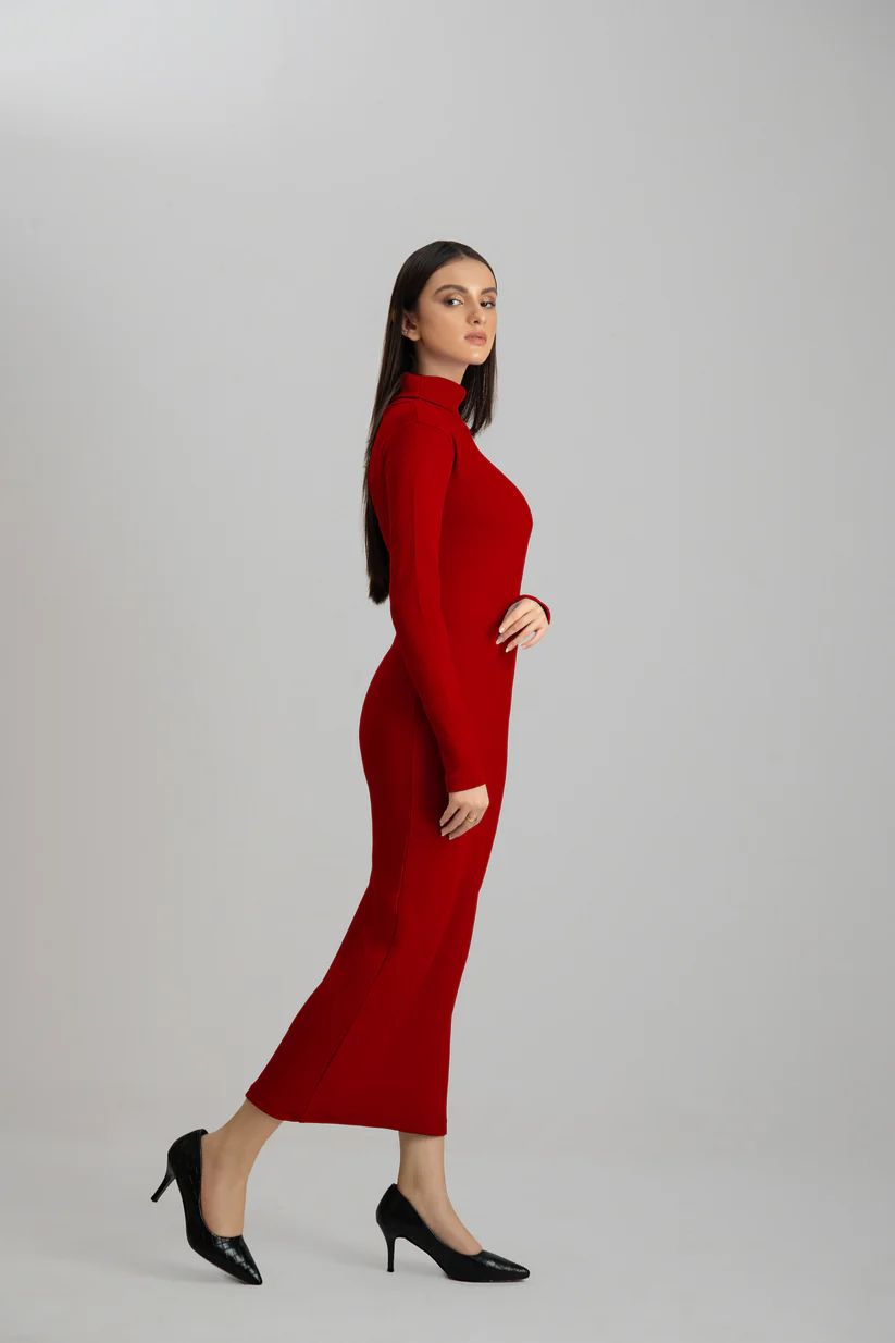 Wintsfield Highneck Bodycon Dress (Burgundy) - Oshi.pk - Buy & Sell Online
