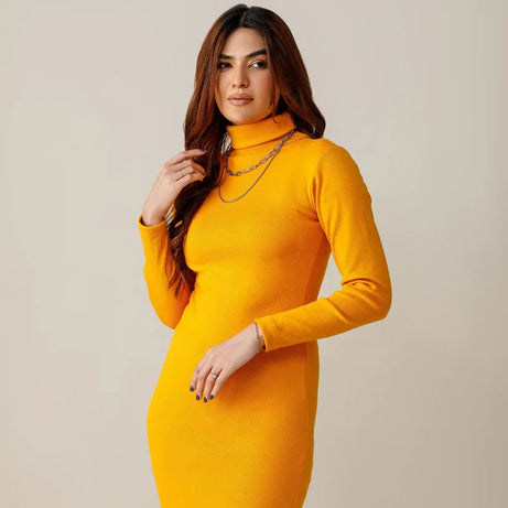 Wintsfield Highneck Bodycon Dress (Mustard Yellow) - Oshi.pk - Buy & Sell Online