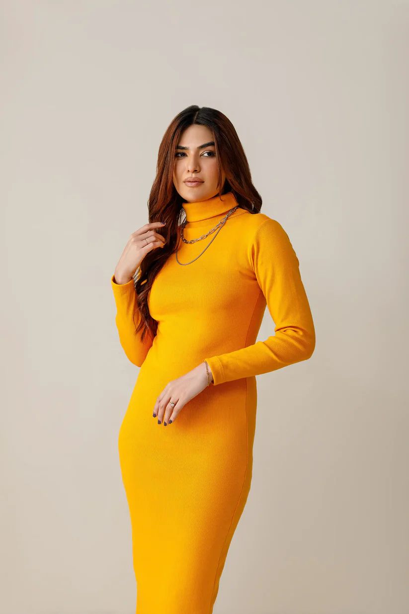 Wintsfield Highneck Bodycon Dress (Mustard Yellow) - Oshi.pk - Buy & Sell Online