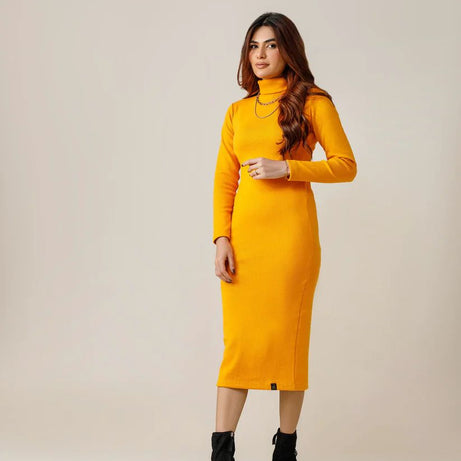 Wintsfield Highneck Bodycon Dress (Mustard Yellow) - Oshi.pk - Buy & Sell Online