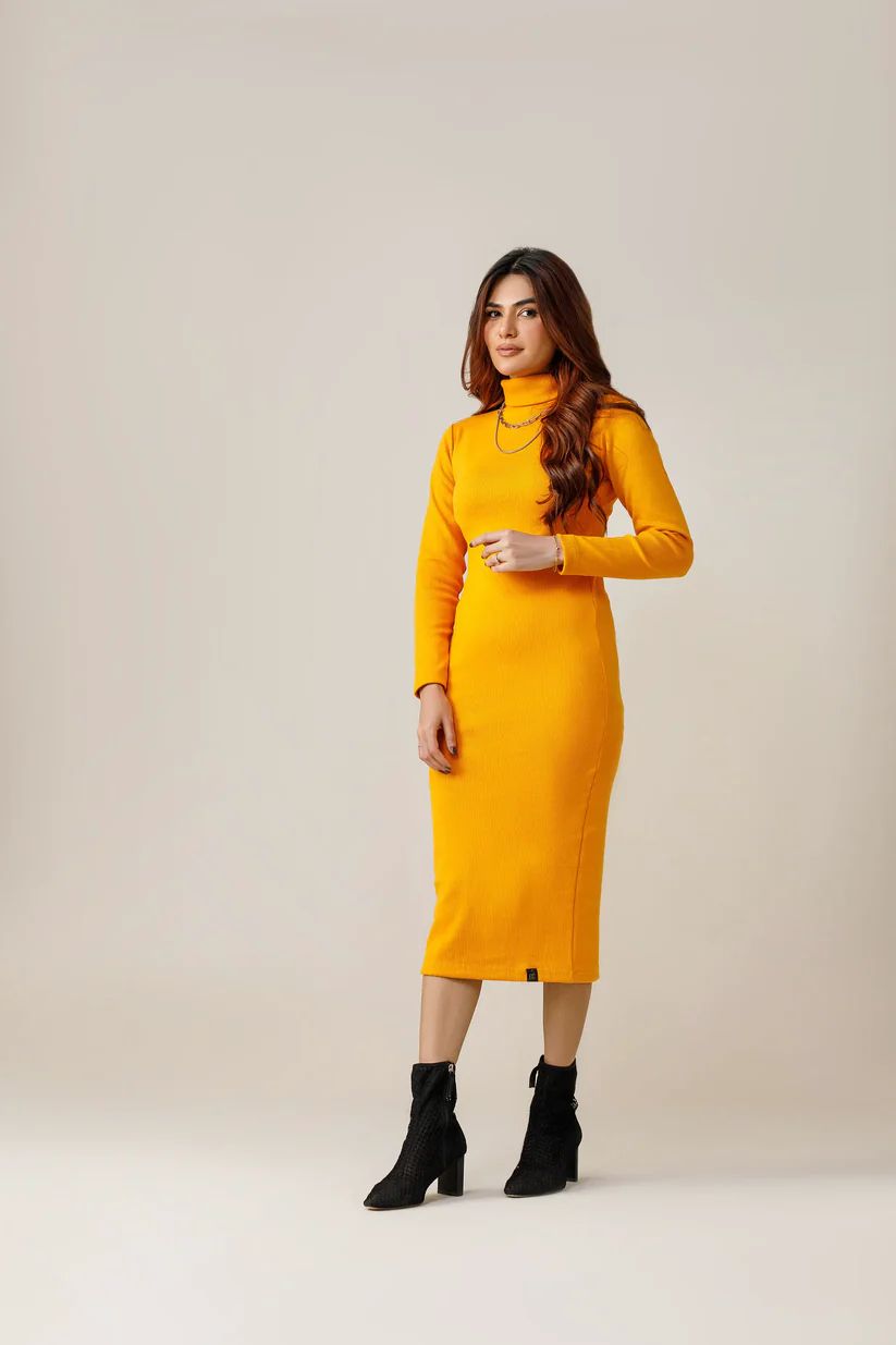 Wintsfield Highneck Bodycon Dress (Mustard Yellow) - Oshi.pk - Buy & Sell Online