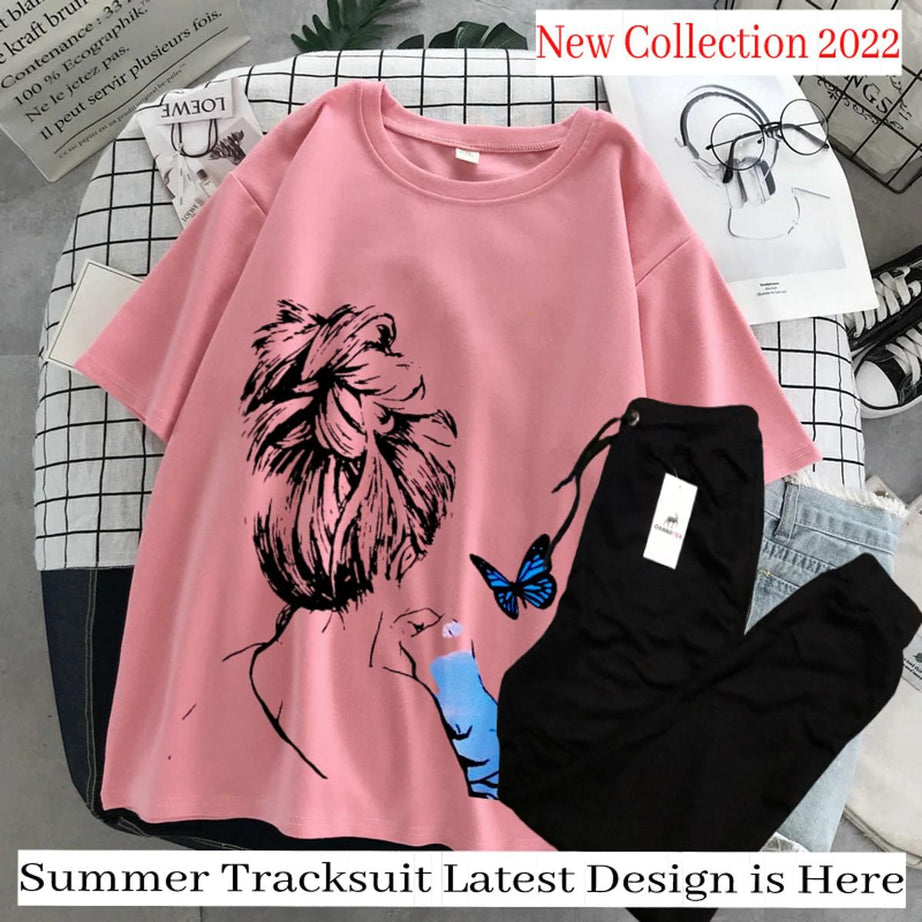 Women Art Design Summer Pink T-shirt & Black Trouser Tracksuit - Oshi.pk - Buy & Sell Online