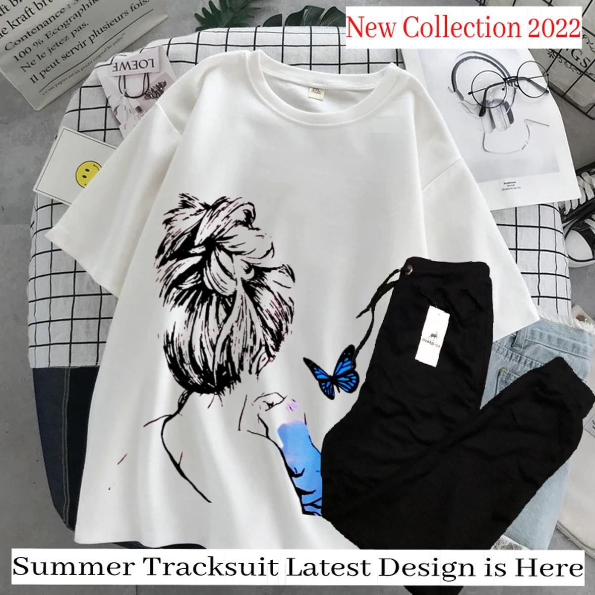 Women Art Design Summer White T-shirt & Black Trouser Tracksuit - Oshi.pk - Buy & Sell Online
