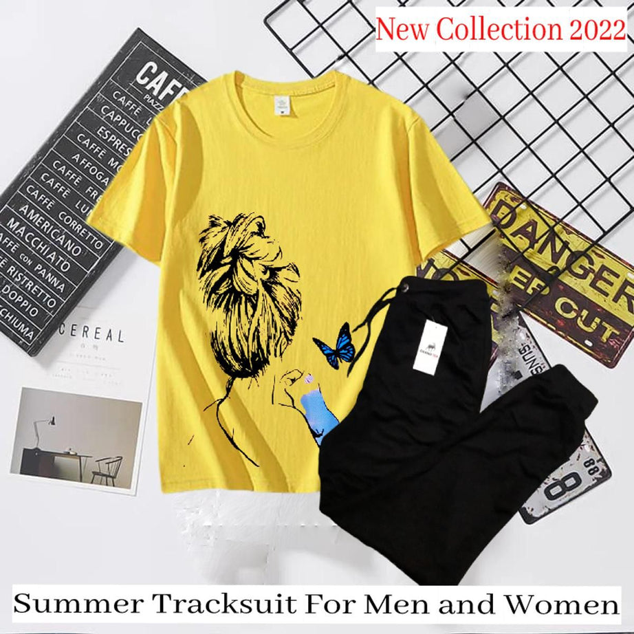 Women Art Design Summer Yellow T-shirt & Black Trouser Tracksuit - Oshi.pk - Buy & Sell Online