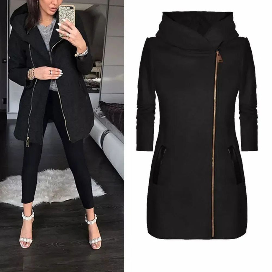 Women Long Leather Patch Side Zipper Jacket For Her.